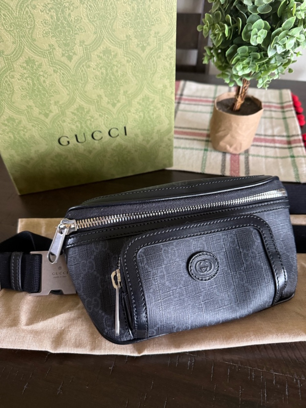Gucci Black and Silver Belt Bag with Interlocking G